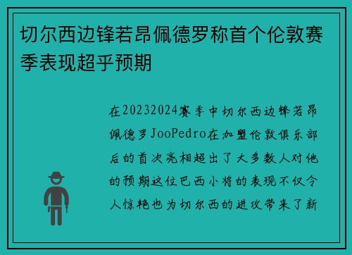 切尔西边锋若昂佩德罗称首个伦敦赛季表现超乎预期