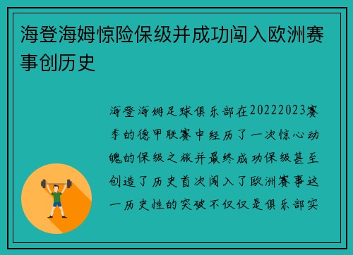 海登海姆惊险保级并成功闯入欧洲赛事创历史